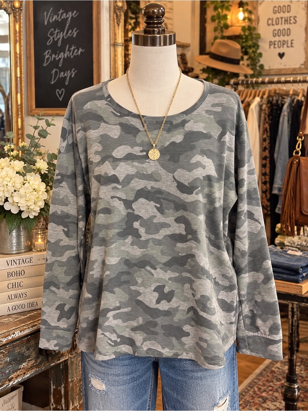 Jane and Delancey Gray Camo Long Sleeve Tee